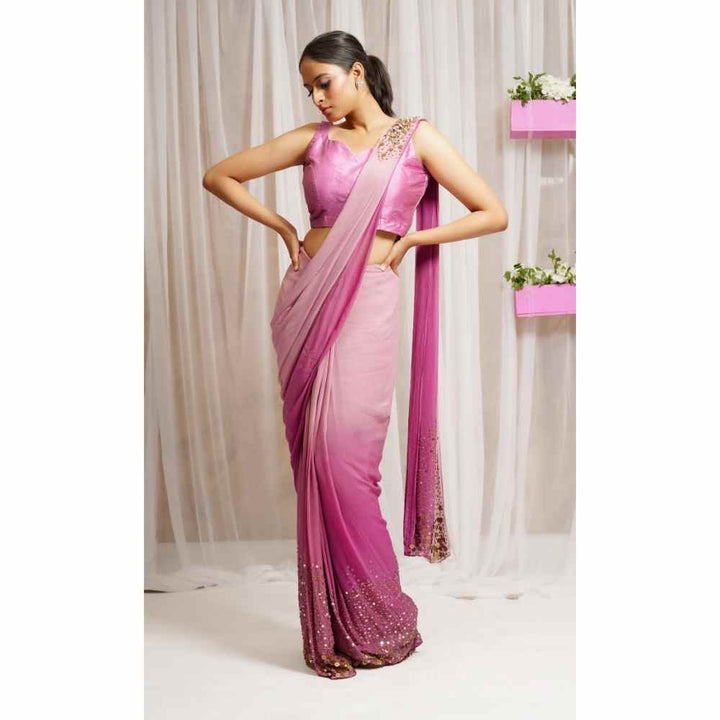 FS Closet by Farha Syed Pink Candy Hand Embroidered & Georgette Saree with Stitched Blouse