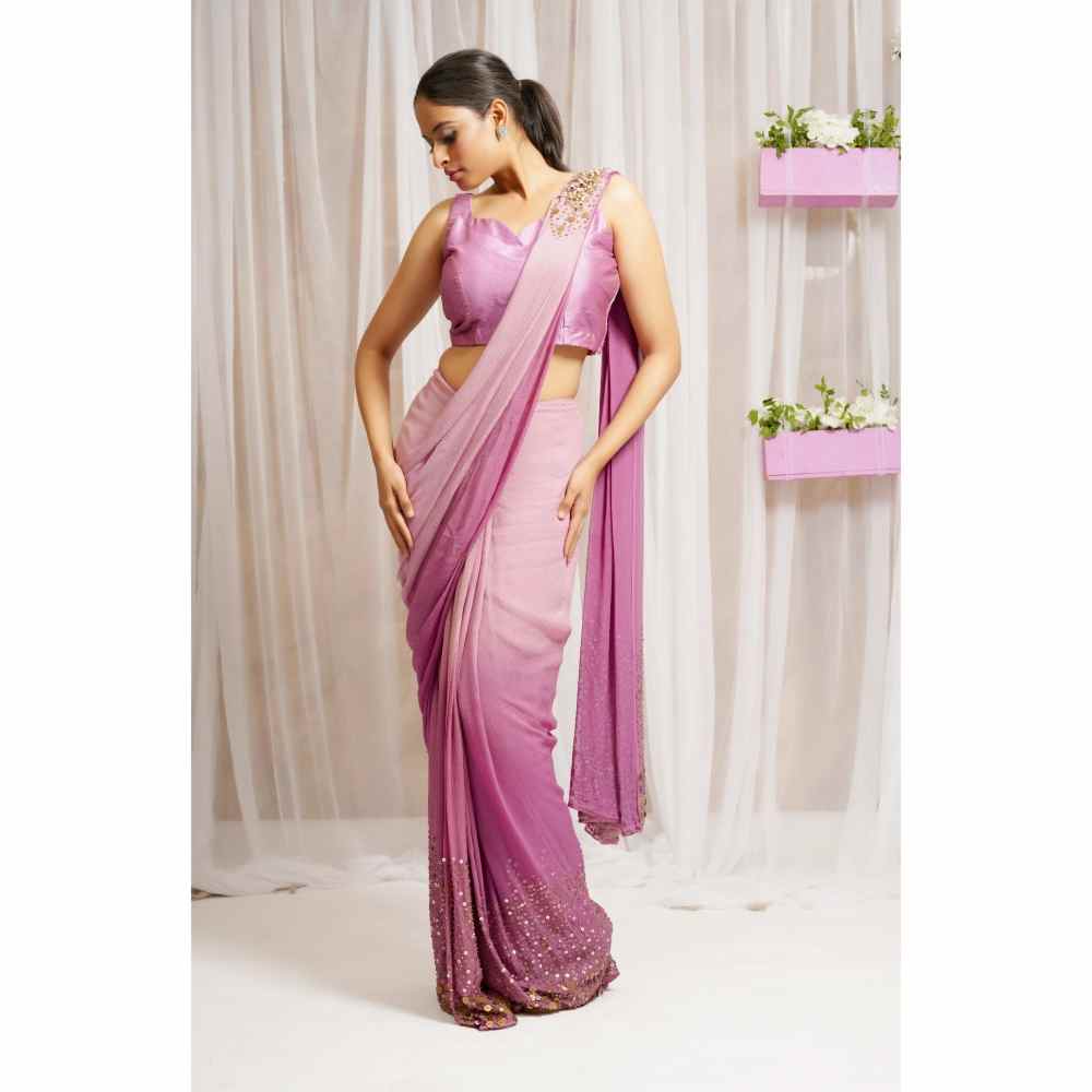 FS Closet by Farha Syed Pink Candy Hand Embroidered & Georgette Saree with Stitched Blouse