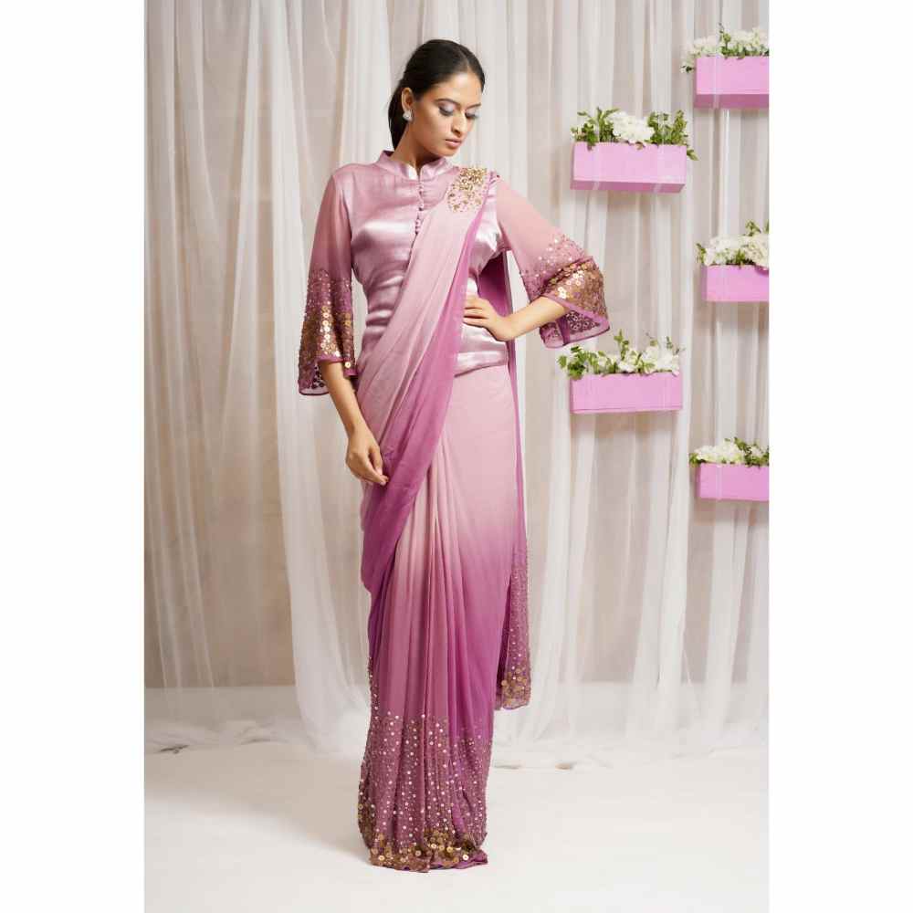 FS Closet by Farha Syed Pink Candy Hand Embroidered & Saree with Stitched Blouse
