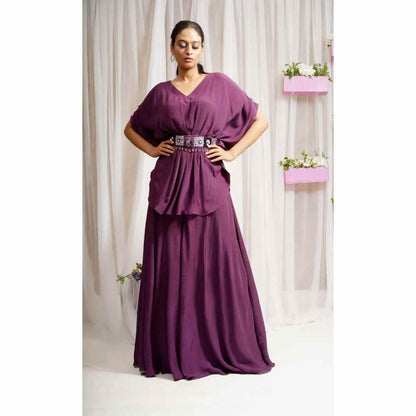 Farha Syed Boysenberry Hand Embroidered Sharara (Set of 3)