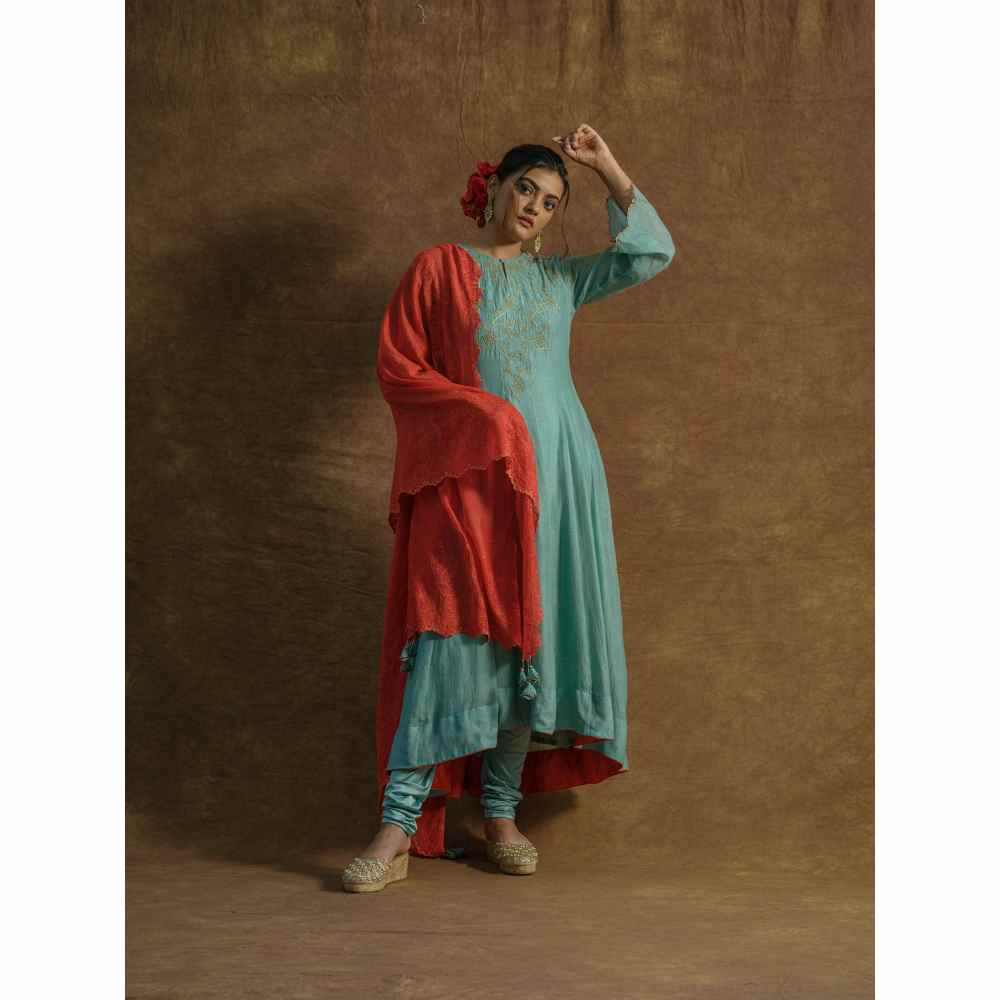 Farha Syed Blue Embroidered Anarkali with Churidar & Dupatta (Set of 3)