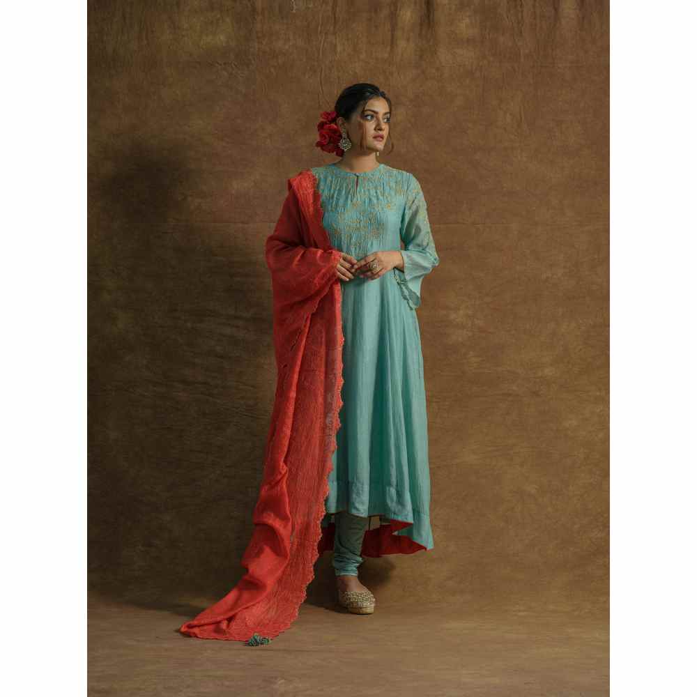 Farha Syed Blue Embroidered Anarkali with Churidar & Dupatta (Set of 3)