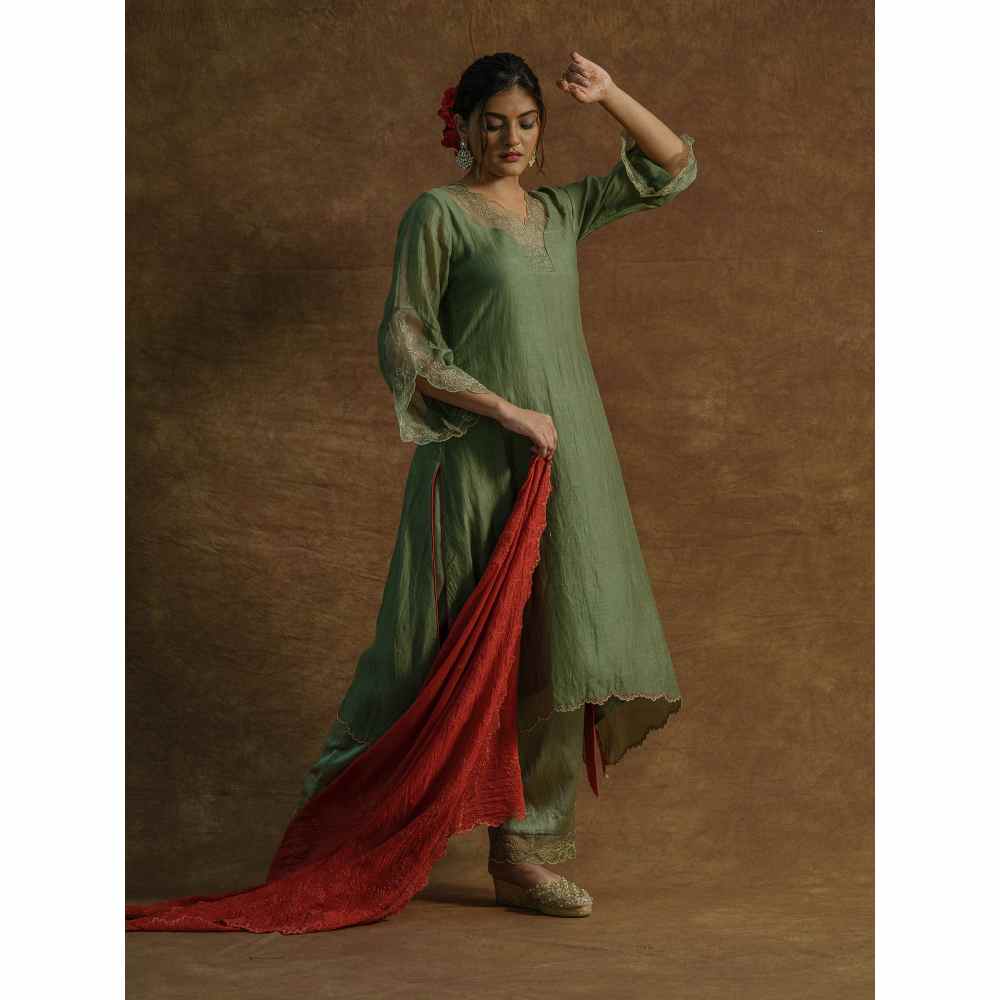 Farha Syed Green Embroidered Kurta with Palazzo Pants & Dupatta (Set of 3)