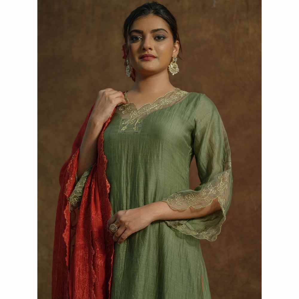 Farha Syed Green Embroidered Kurta with Palazzo Pants & Dupatta (Set of 3)