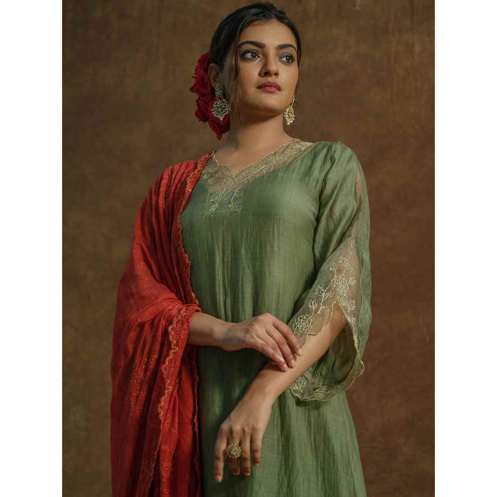 Farha Syed Green Embroidered Kurta with Palazzo Pants & Dupatta (Set of 3)