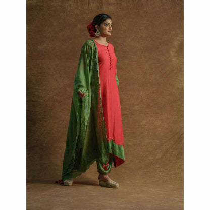 Farha Syed Red Solid/Plain Kurta with Palazzo Pants & Dupatta (Set of 3)