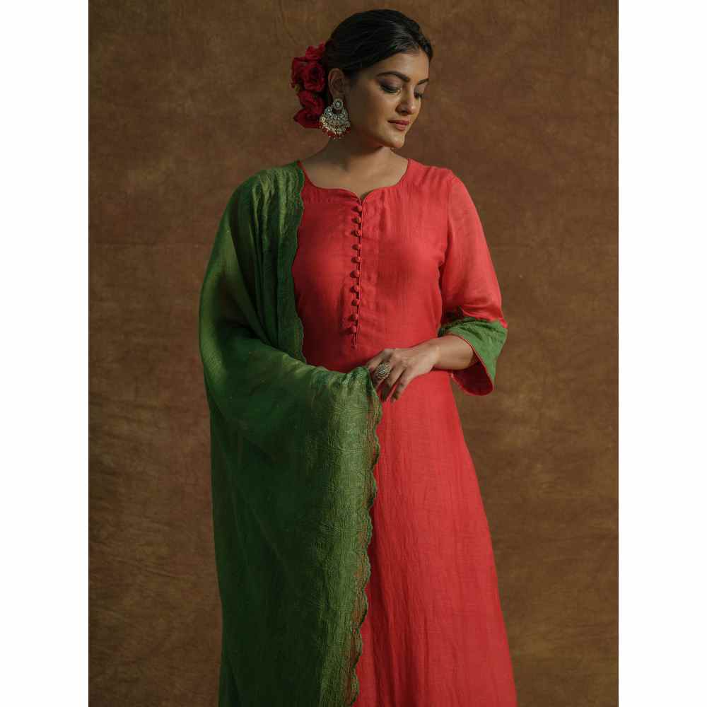 Farha Syed Red Solid/Plain Kurta with Palazzo Pants & Dupatta (Set of 3)