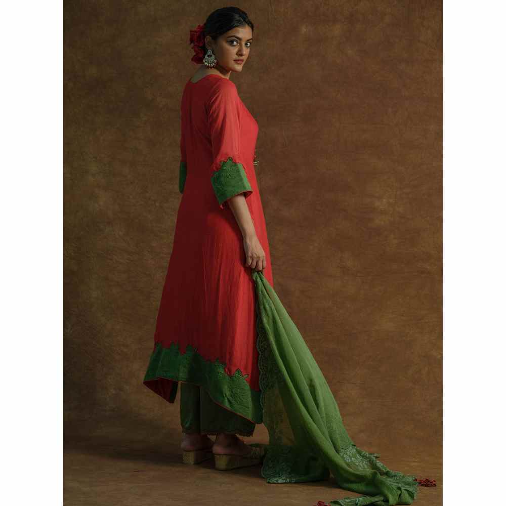 Farha Syed Red Solid/Plain Kurta with Palazzo Pants & Dupatta (Set of 3)