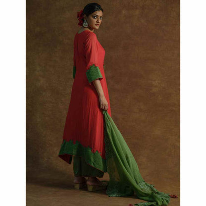 Farha Syed Red Solid/Plain Kurta with Palazzo Pants & Dupatta (Set of 3)