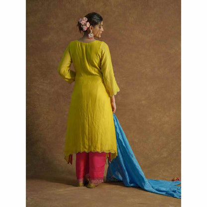Farha Syed Yellow Embroidered Kurta with Palazzo Pants & Dupatta (Set of 3)