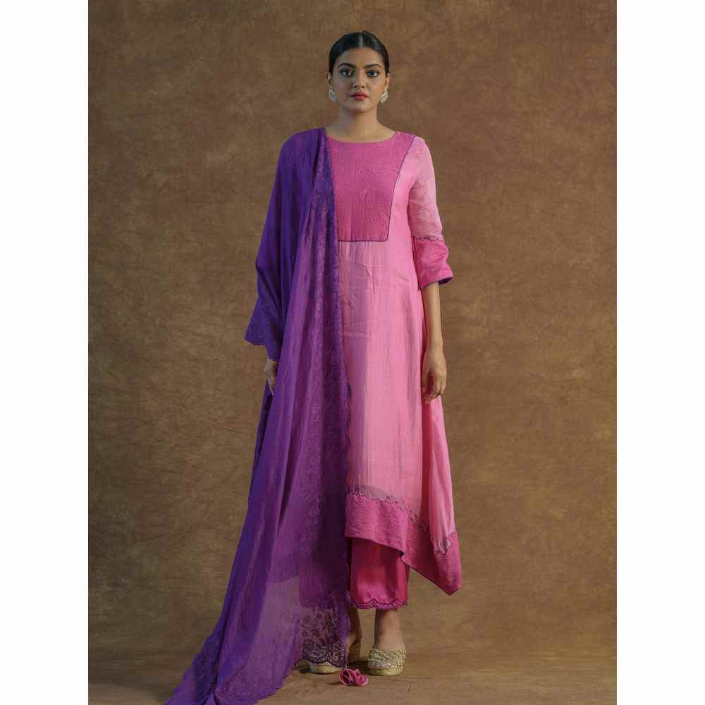 Farha Syed Pink Embroidered Kurta with Palazzo Pants & Dupatta (Set of 3)