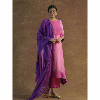 Farha Syed Pink Embroidered Kurta with Palazzo Pants & Dupatta (Set of 3)