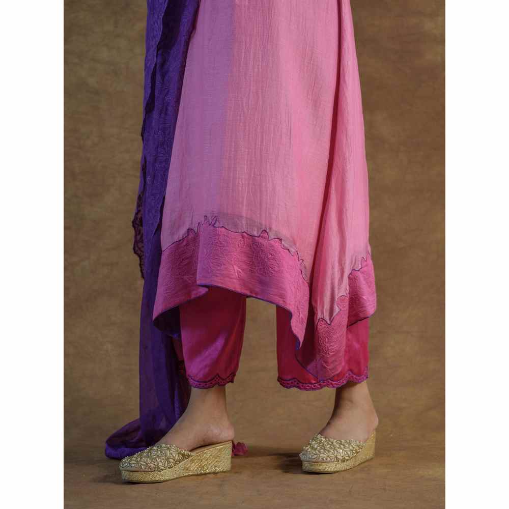 Farha Syed Pink Embroidered Kurta with Palazzo Pants & Dupatta (Set of 3)