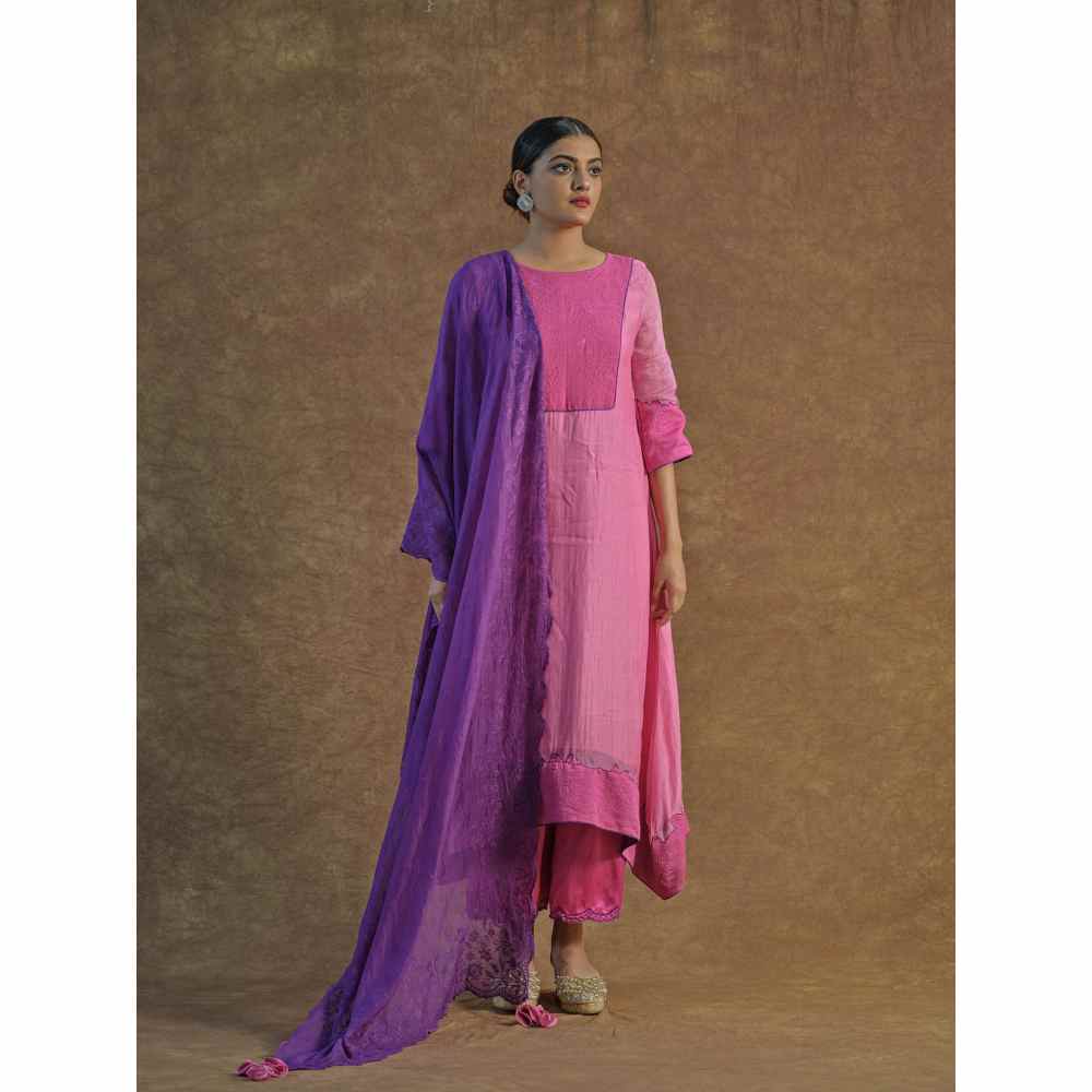 Farha Syed Pink Embroidered Kurta with Palazzo Pants & Dupatta (Set of 3)