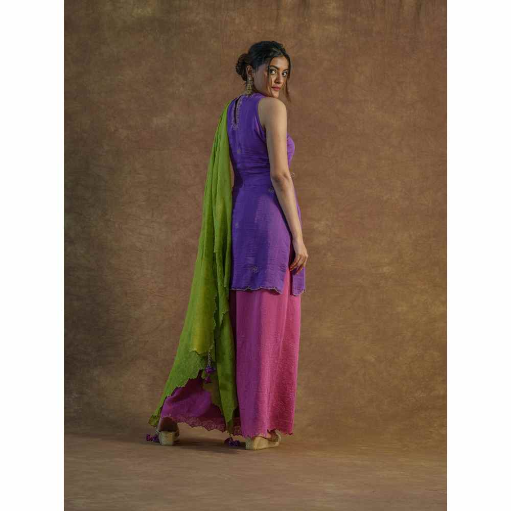 Farha Syed Purple Embroidered Kurta with Palazzo Sharara & Dupatta (Set of 3)