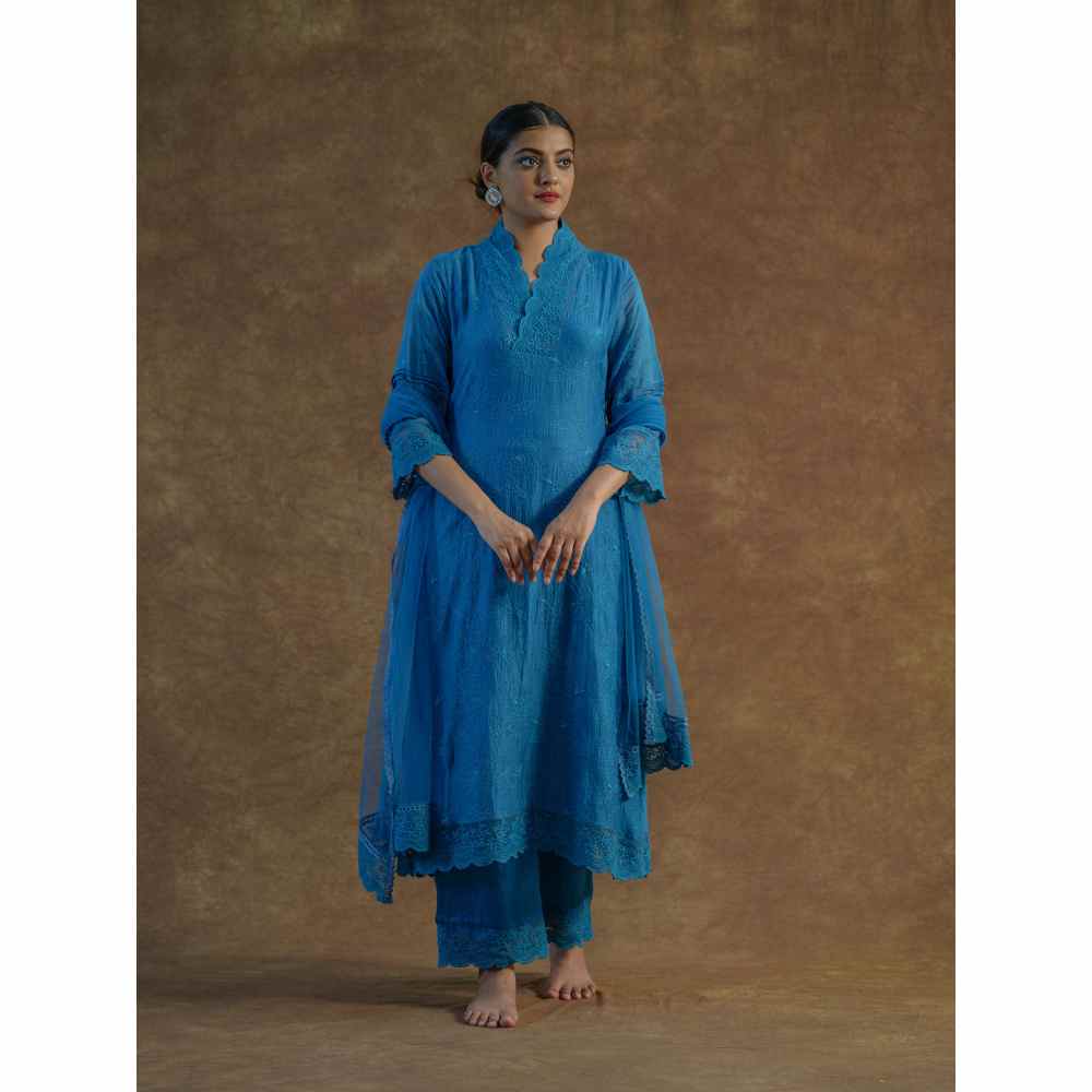Farha Syed Blue Embroidered Kurta with Palazzo Pants & Dupatta (Set of 3)