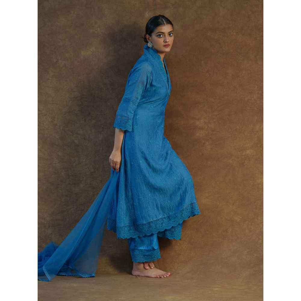 Farha Syed Blue Embroidered Kurta with Palazzo Pants & Dupatta (Set of 3)