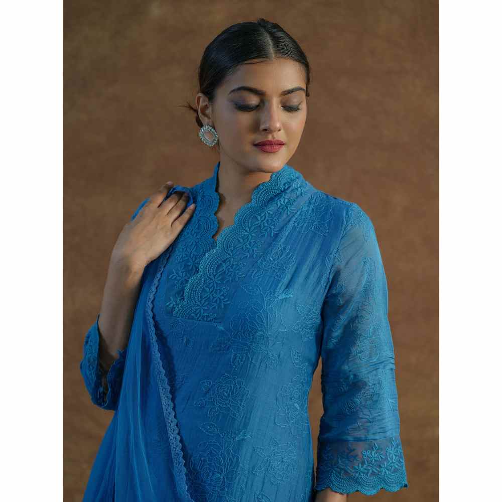Farha Syed Blue Embroidered Kurta with Palazzo Pants & Dupatta (Set of 3)
