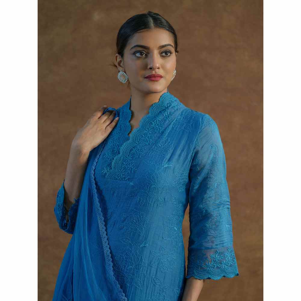Farha Syed Blue Embroidered Kurta with Palazzo Pants & Dupatta (Set of 3)