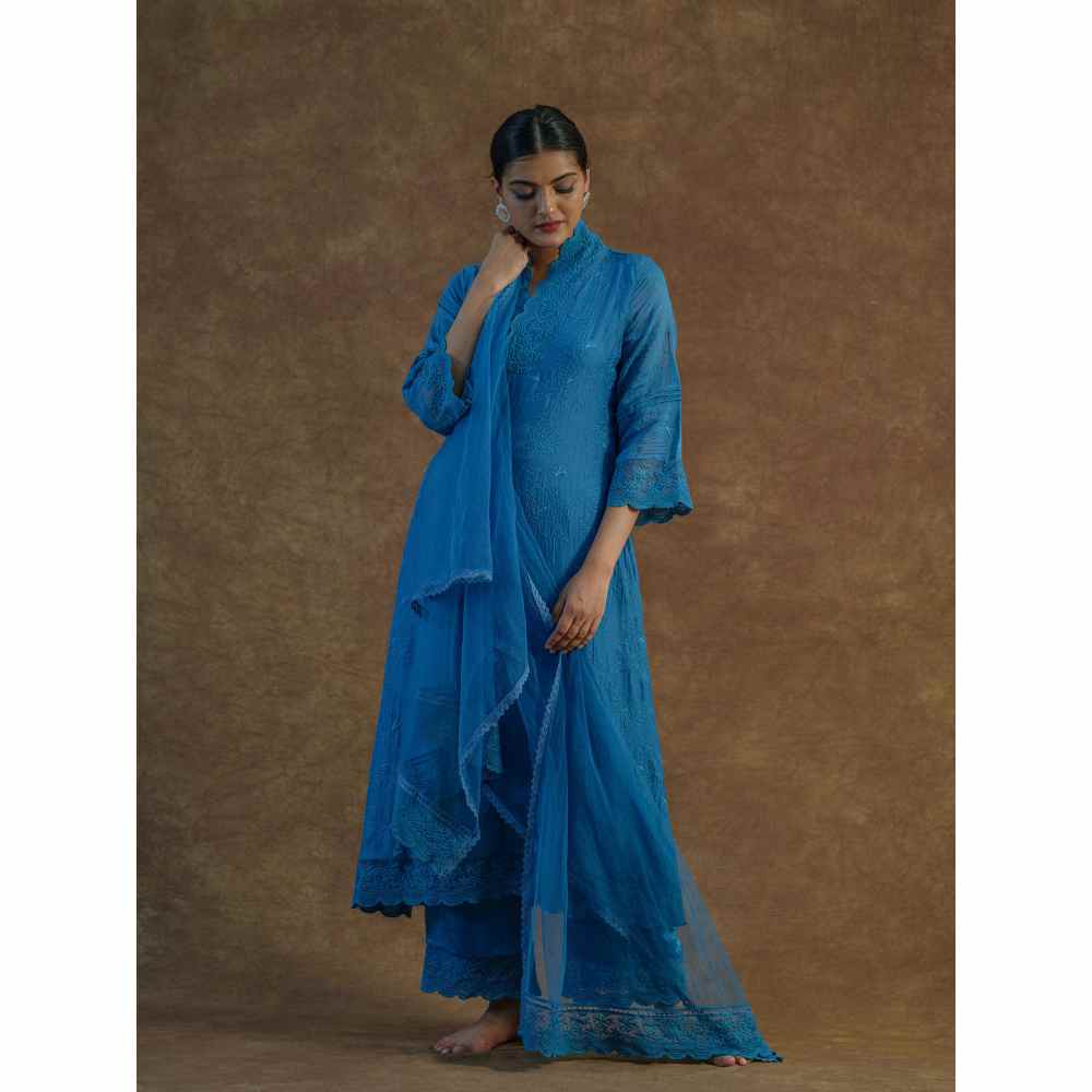 Farha Syed Blue Embroidered Kurta with Palazzo Pants & Dupatta (Set of 3)