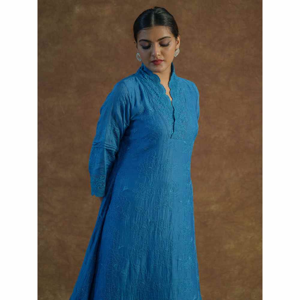 Farha Syed Blue Embroidered Kurta with Palazzo Pants & Dupatta (Set of 3)