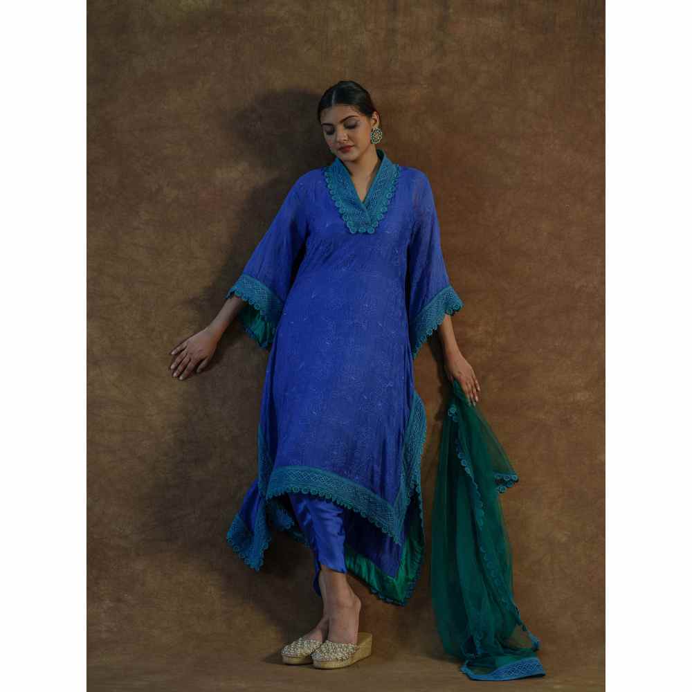 Farha Syed Blue Embroidered Kaftan with Palazzo Pants & Dupatta (Set of 3)