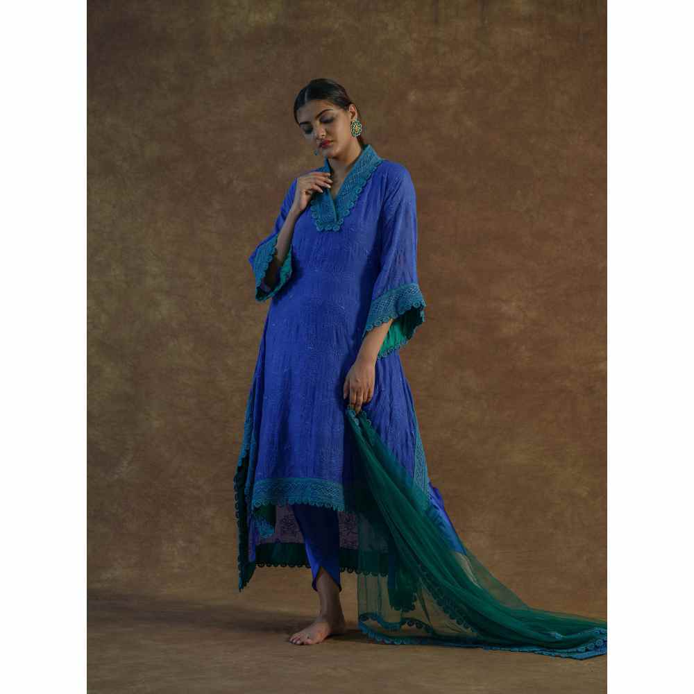 Farha Syed Blue Embroidered Kaftan with Palazzo Pants & Dupatta (Set of 3)