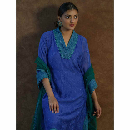 Farha Syed Blue Embroidered Kaftan with Palazzo Pants & Dupatta (Set of 3)