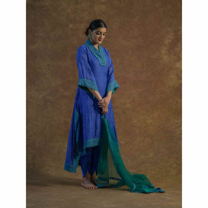 Farha Syed Blue Embroidered Kaftan with Palazzo Pants & Dupatta (Set of 3)