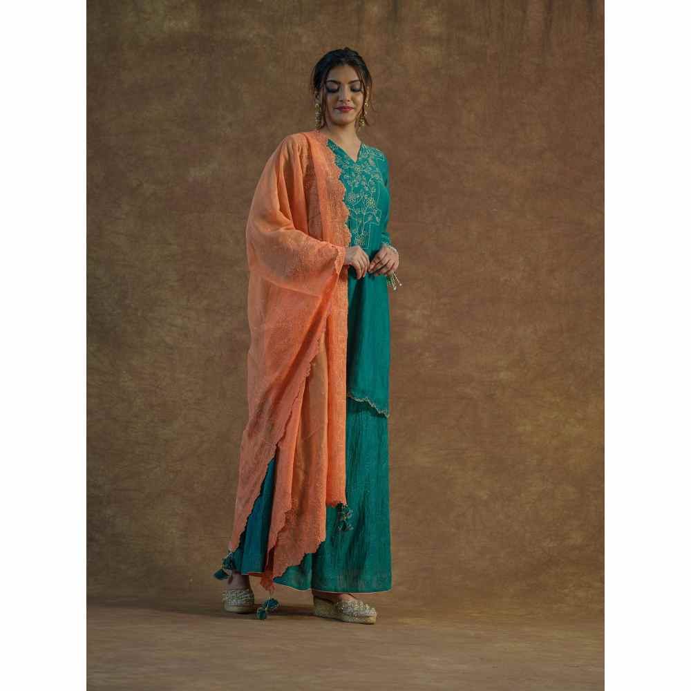 Farha Syed Teal Embroidered Kurta with Flared Sharara & Dupatta (Set of 3)