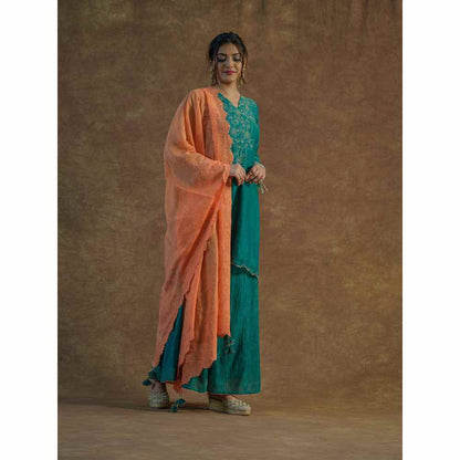 Farha Syed Teal Embroidered Kurta with Flared Sharara & Dupatta (Set of 3)
