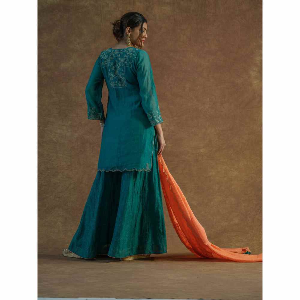 Farha Syed Teal Embroidered Kurta with Flared Sharara & Dupatta (Set of 3)