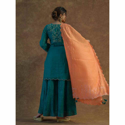 Farha Syed Teal Embroidered Kurta with Flared Sharara & Dupatta (Set of 3)