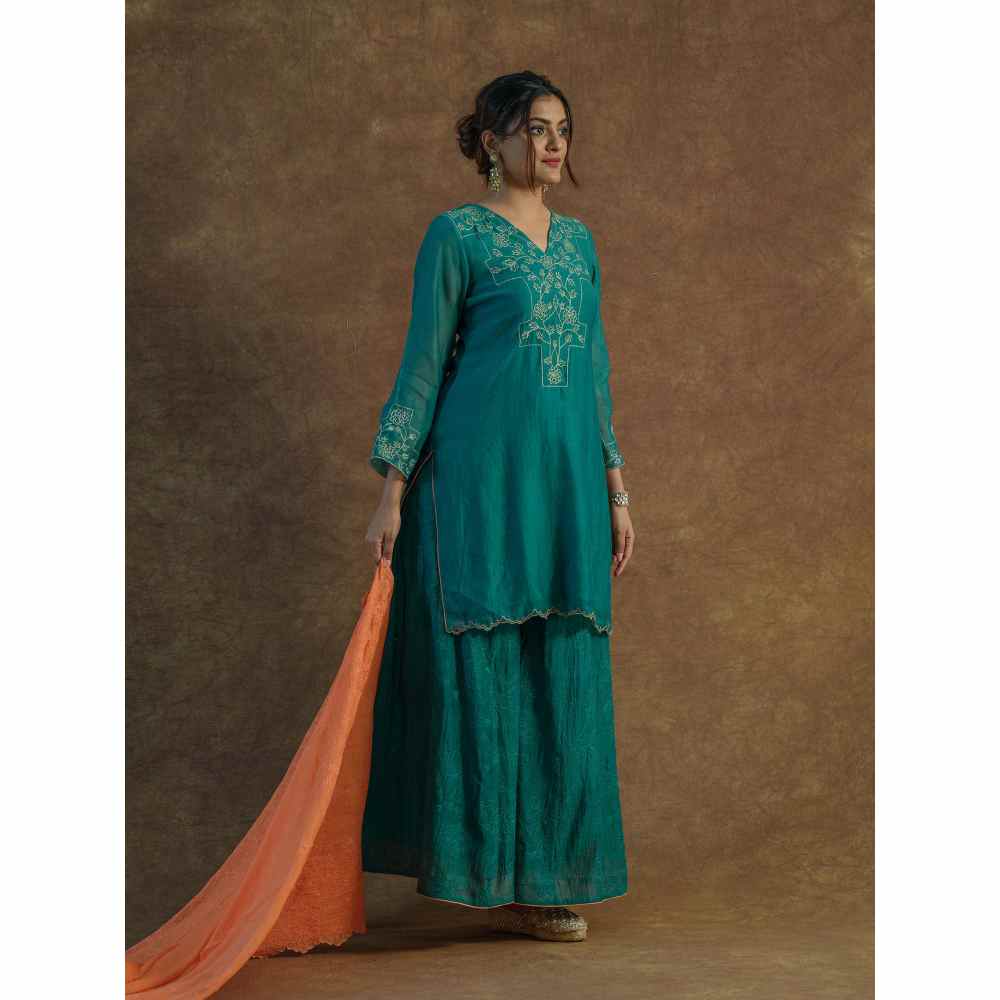 Farha Syed Teal Embroidered Kurta with Flared Sharara & Dupatta (Set of 3)