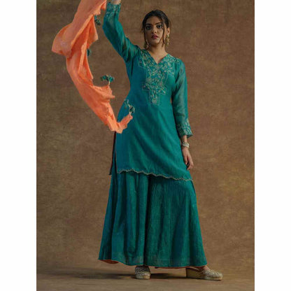 Farha Syed Teal Embroidered Kurta with Flared Sharara & Dupatta (Set of 3)