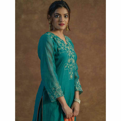 Farha Syed Teal Embroidered Kurta with Flared Sharara & Dupatta (Set of 3)