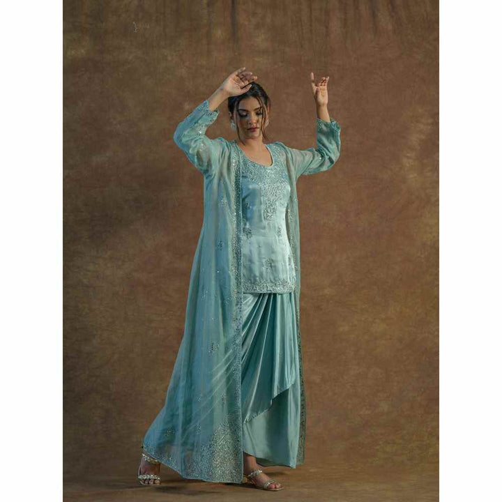 Farha Syed Blue Embellished Top with Drape Skirt & Long Shrug (Set of 3)
