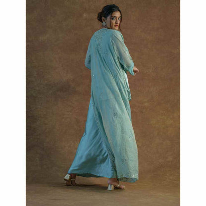 Farha Syed Blue Embellished Top with Drape Skirt & Long Shrug (Set of 3)