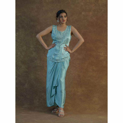 Farha Syed Blue Embellished Top with Drape Skirt & Long Shrug (Set of 3)