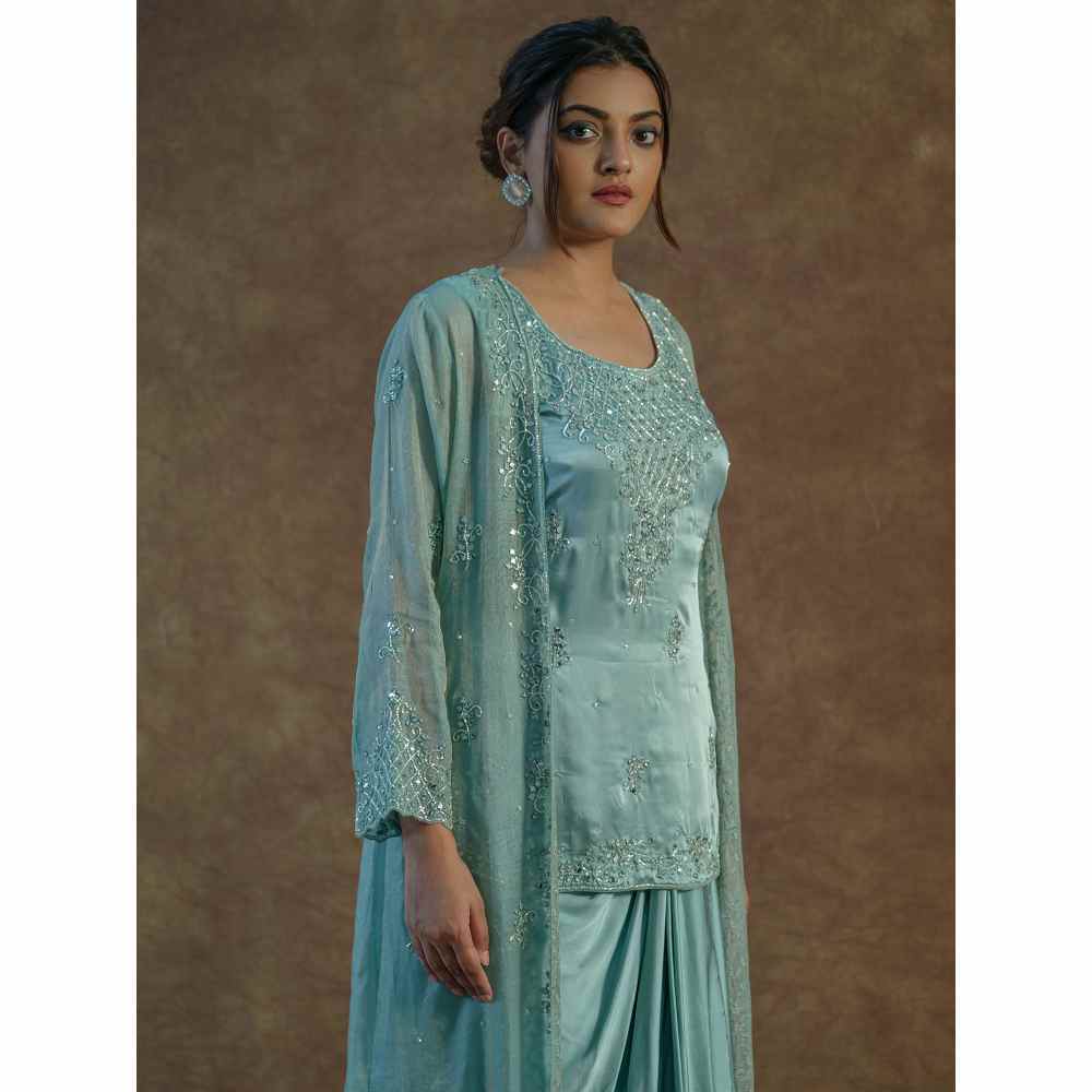 Farha Syed Blue Embellished Top with Drape Skirt & Long Shrug (Set of 3)