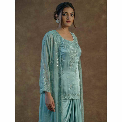 Farha Syed Blue Embellished Top with Drape Skirt & Long Shrug (Set of 3)