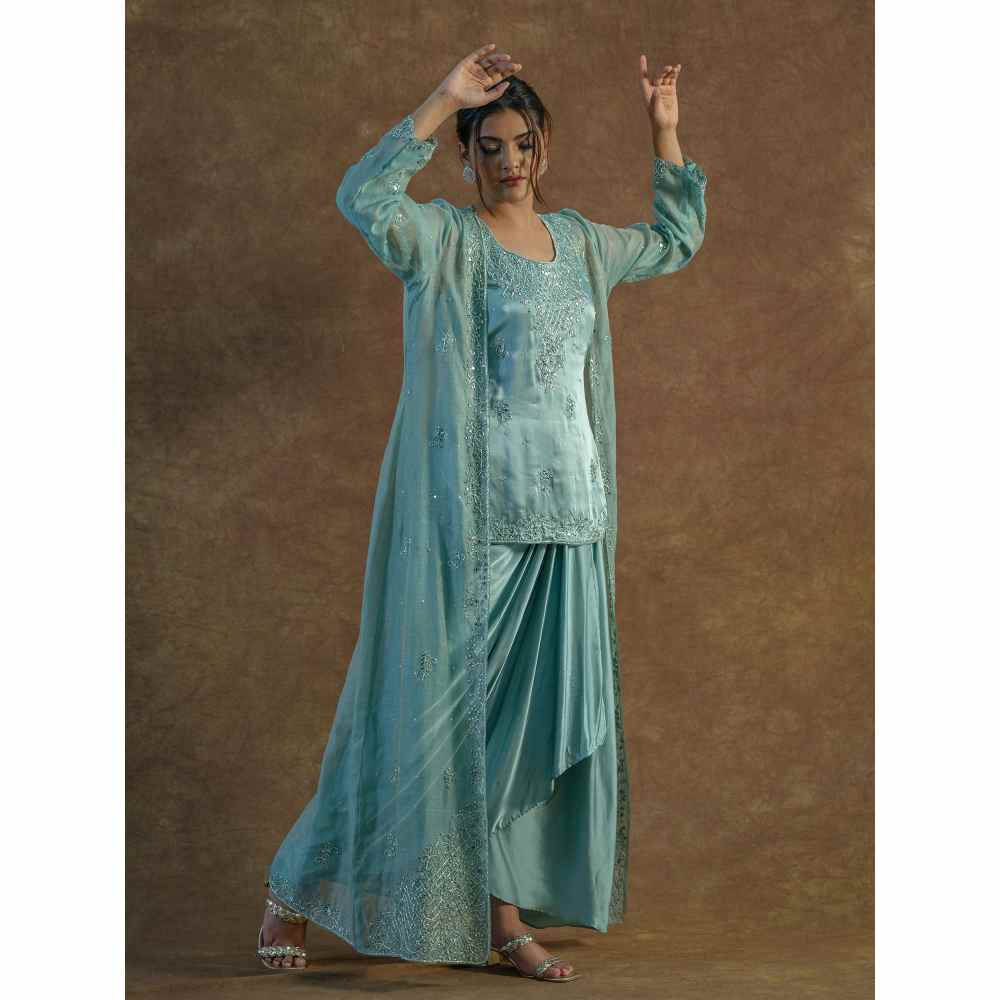 FS Closet by Farha Syed Blue Embellished Top with Drape Skirt & Long Shrug (Set of 3)
