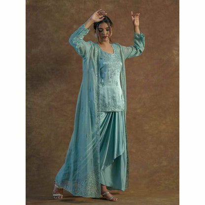 Farha Syed Blue Embellished Top with Drape Skirt & Long Shrug (Set of 3)