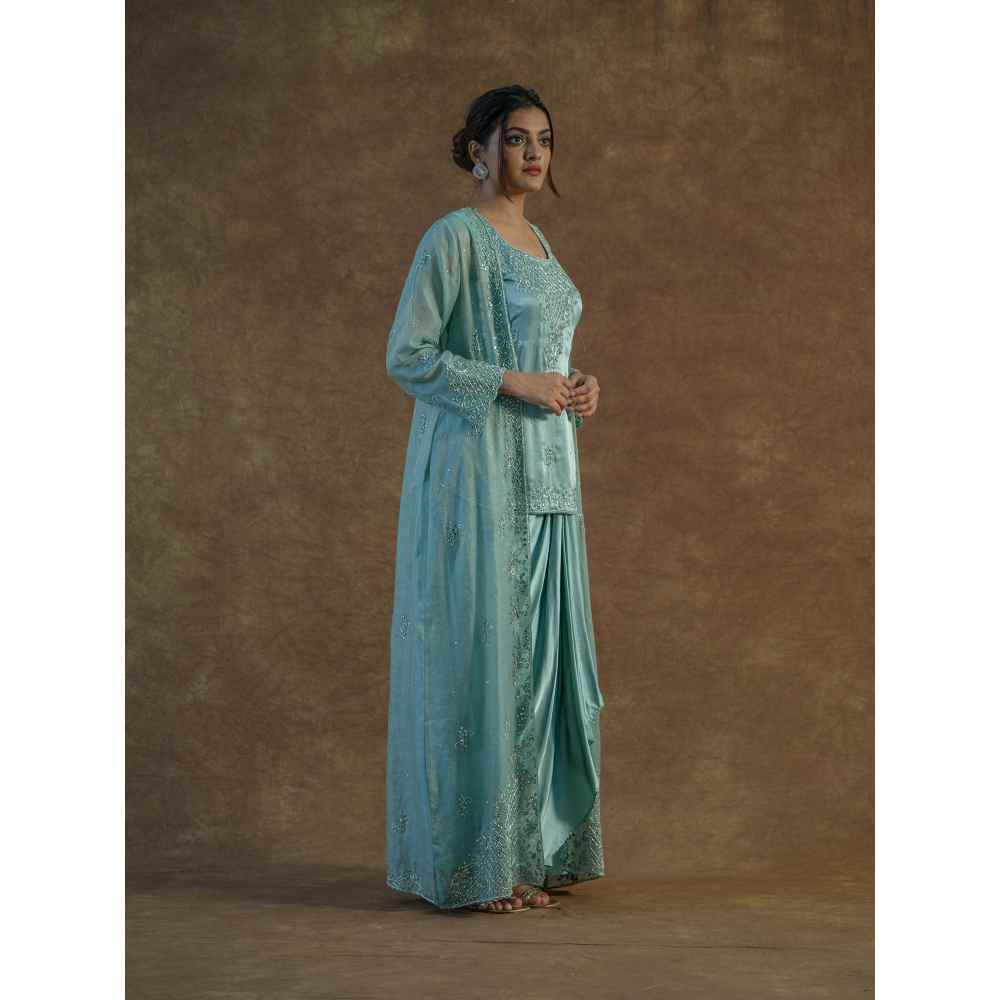 FS Closet by Farha Syed Blue Embellished Top with Drape Skirt & Long Shrug (Set of 3)