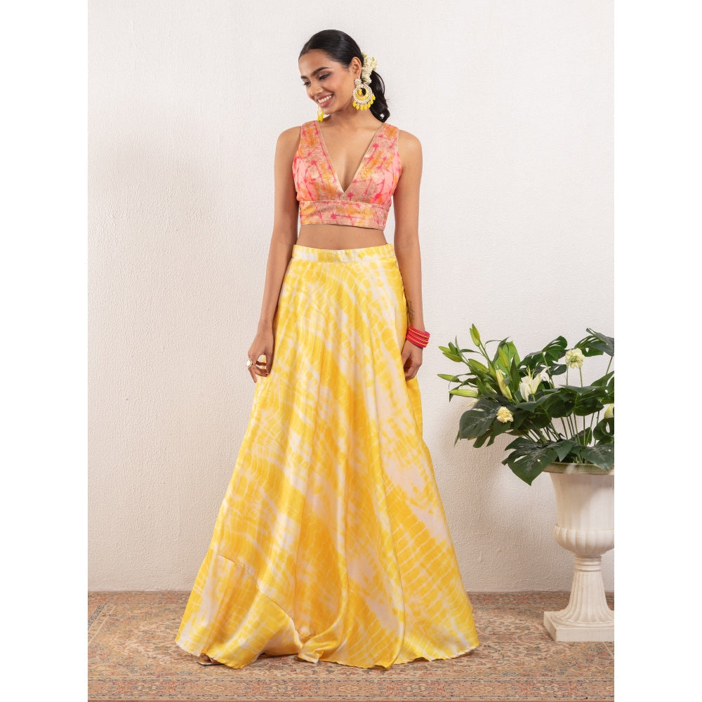 Gajra Gang Yellow Plunging Neck Top With Tie Dye Skirt (Set of 2)