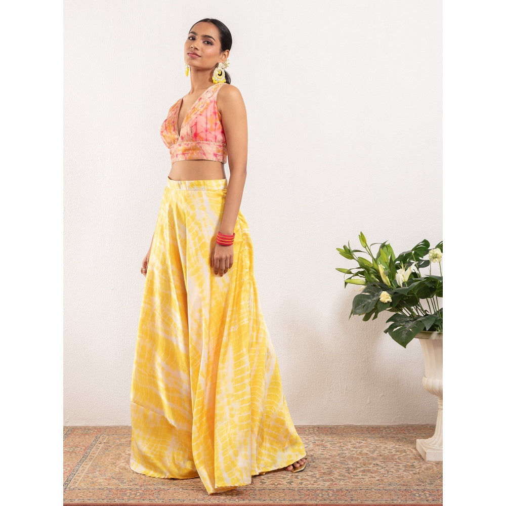 Gajra Gang Yellow Plunging Neck Top With Tie Dye Skirt (Set of 2)