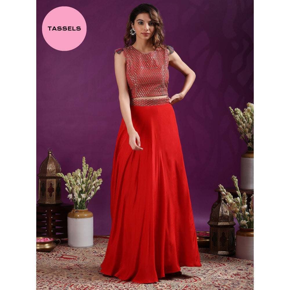 Gajra Gang A Tasseled Affair Red Embroidered Crop Top & Skirt (Set of 2)