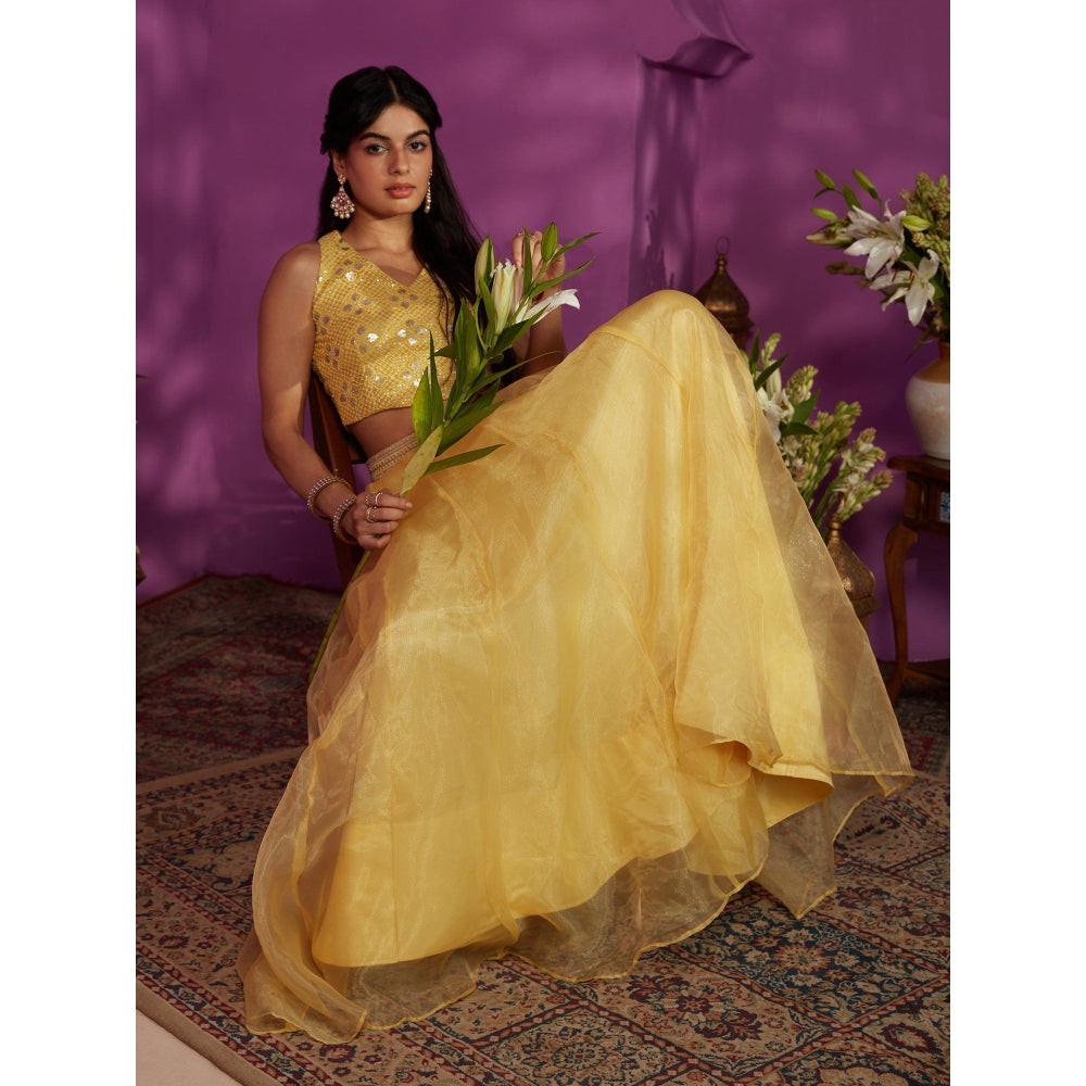 Gajra Gang Vintage Floral Yellow Embroidery Blouse Skirt & Belt (Set of 3)