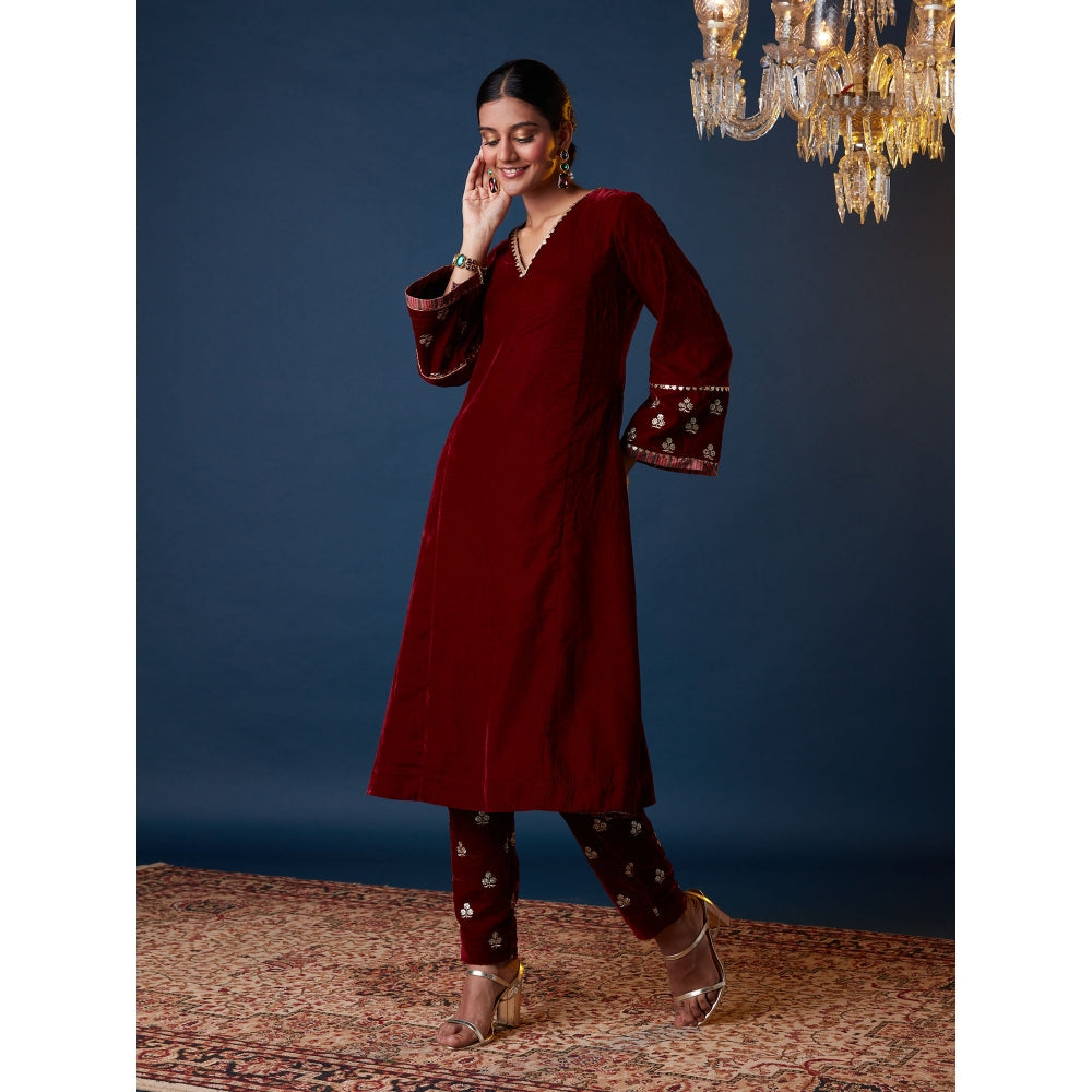 Gajra Gang Miss Makhmali Maroon Zari & Sequin Embroidered A-line Kurta
