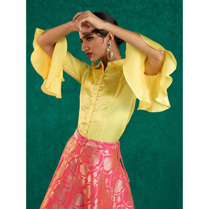 Gajra Gang Dreamy Drapes Lemon Yellow Ruffled Sleeves Shirt